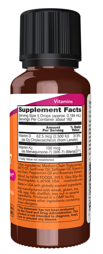 NOW Vitamina D‑3 2500 UI + Vitamina MK‑7 100 mcg - 30 ml