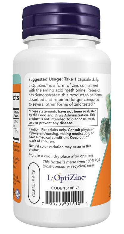 NOW L‑OptiZinc 30 mg - 100 cápsulas vegetais