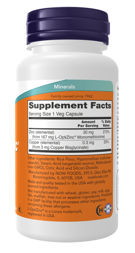NOW L‑OptiZinc 30 mg - 100 cápsulas vegetais