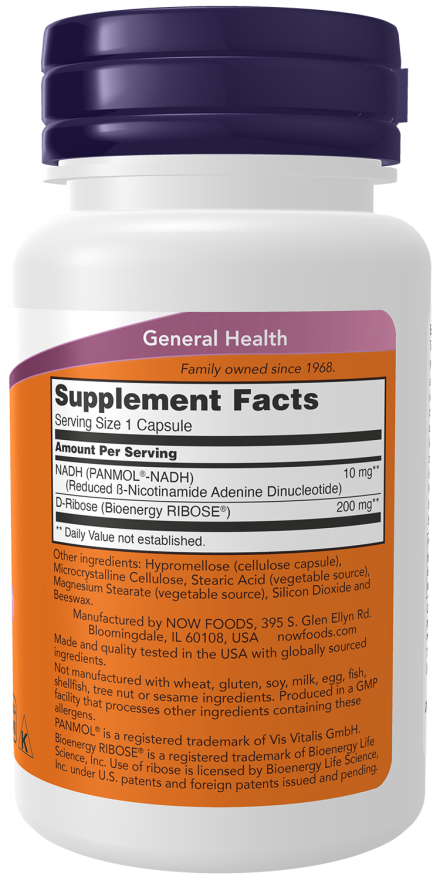 NOW NADH 10 mg + D-Ribose 200 mg - 60 cápsulas