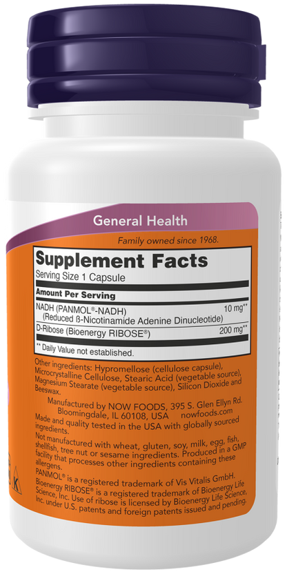 NOW NADH 10 mg + D-Ribose 200 mg - 60 cápsulas