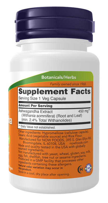 NOW Ashwagandha 450 mg - 90 cápsulas vegetais