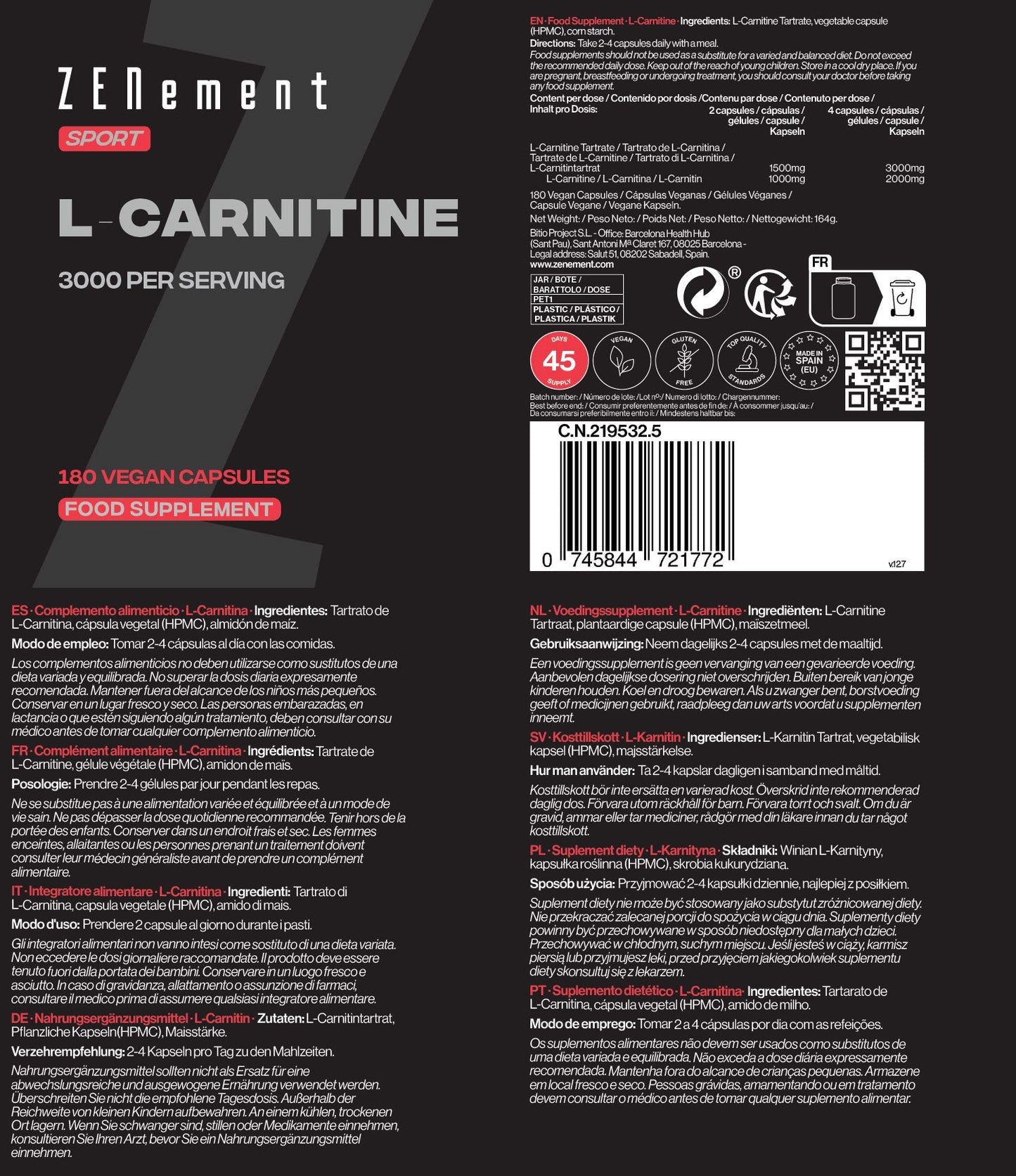 ZENement L-Carnitina 3000 por Dose - 180 Cápsulas Vegan