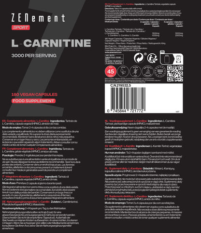 ZENement L-Carnitina 3000 por Dose - 180 Cápsulas Vegan