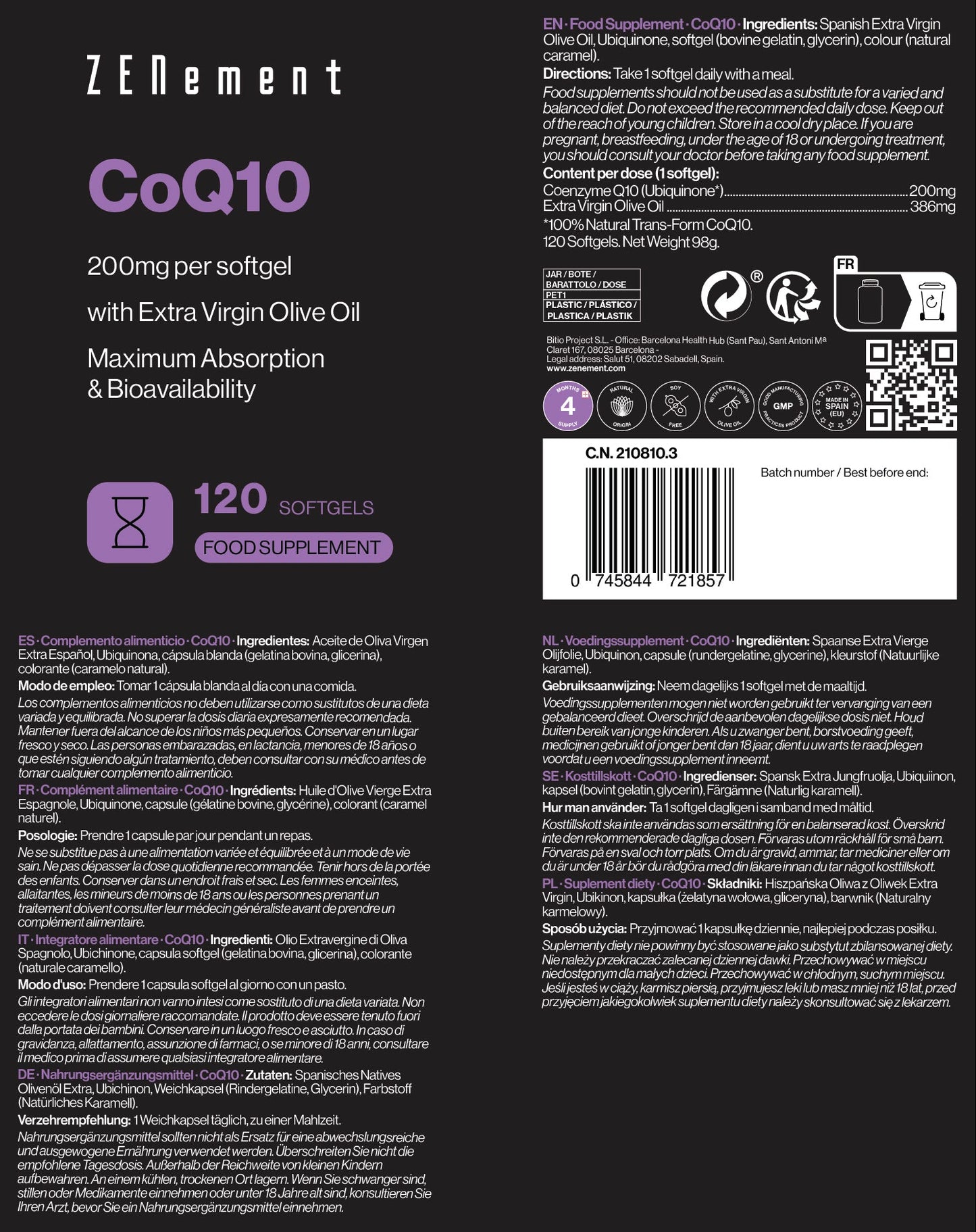 ZENement CoQ10 200 mg - 120 Cápsulas Moles