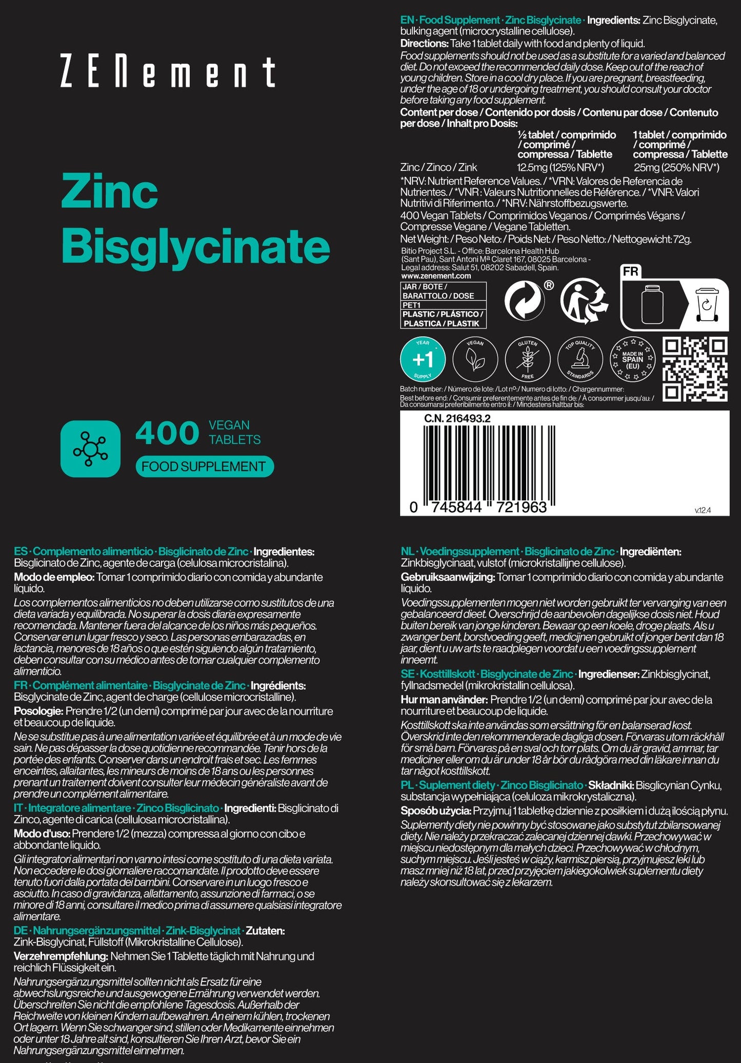 ZENement Zinco Bisglicinato 25 mg - 400 Comprimidos Vegan