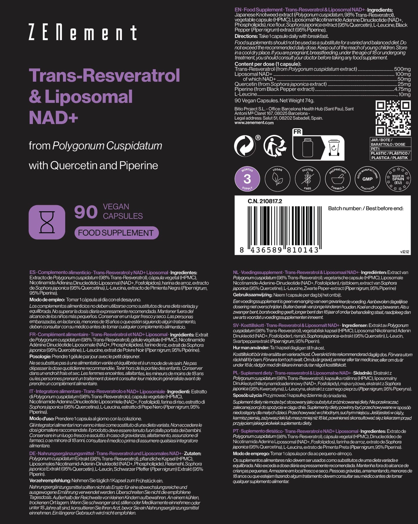 ZENement Trans-Resveratrol & NAD+ Lipossomal - 90 Cápsulas Vegan