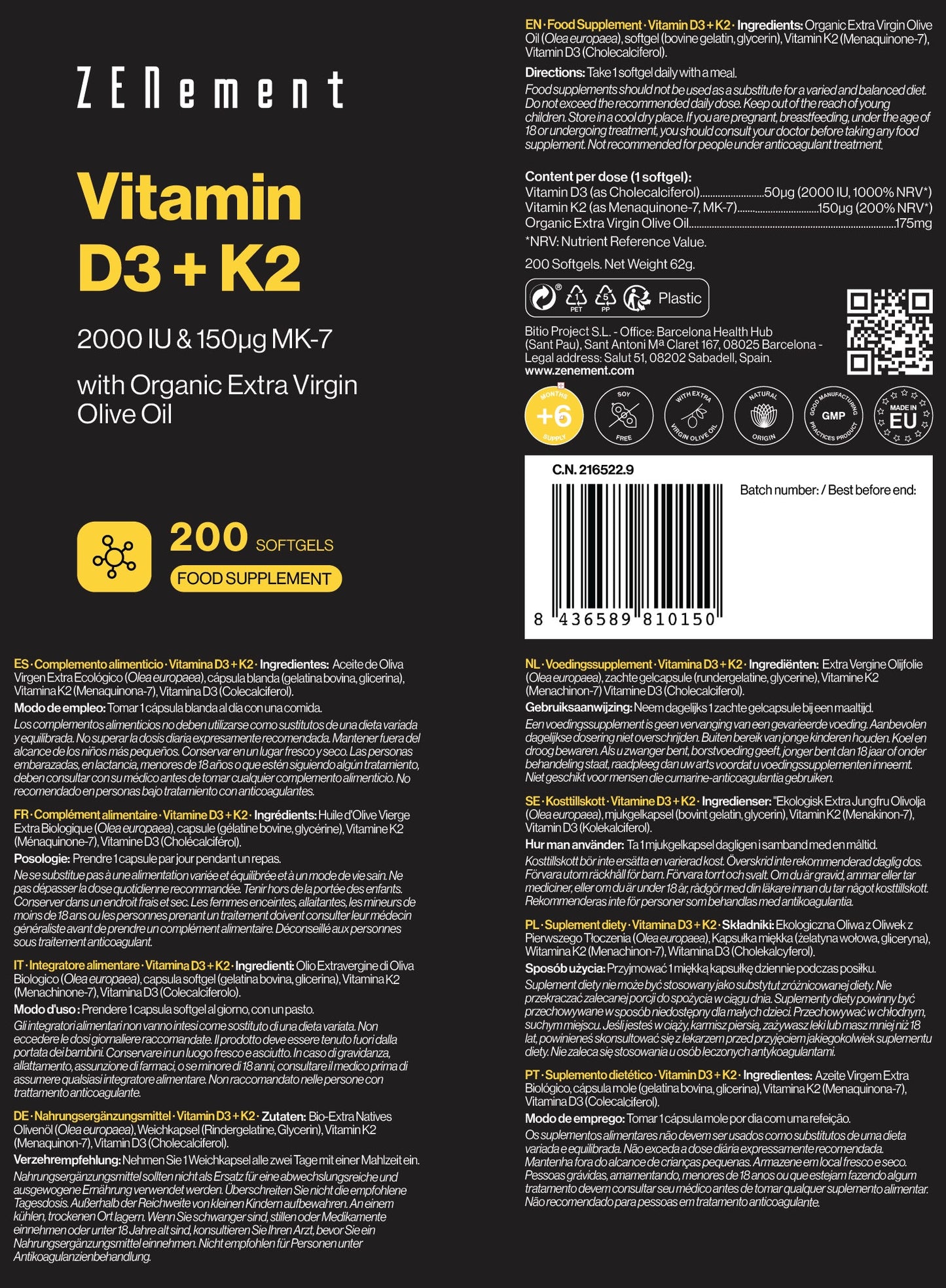 ZENement Vitamina D3 + K2 2000 UI & 150 µg MK-7 - 200 Cápsulas Moles