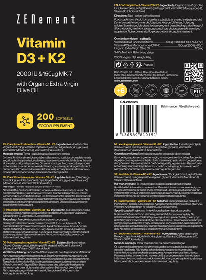 ZENement Vitamina D3 + K2 2000 UI & 150 µg MK-7 - 200 Cápsulas Moles