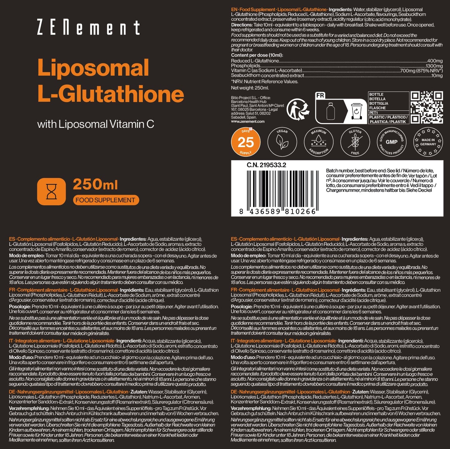 ZENement Glutationa Lipossomal Líquida com Vitamina C - 250 ml