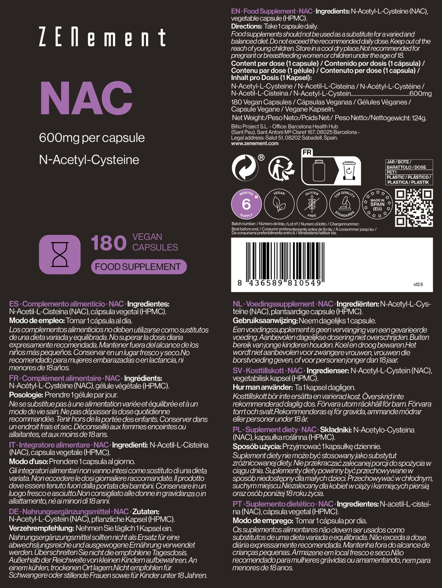 ZENement NAC 600 mg - 180 Cápsulas Vegan