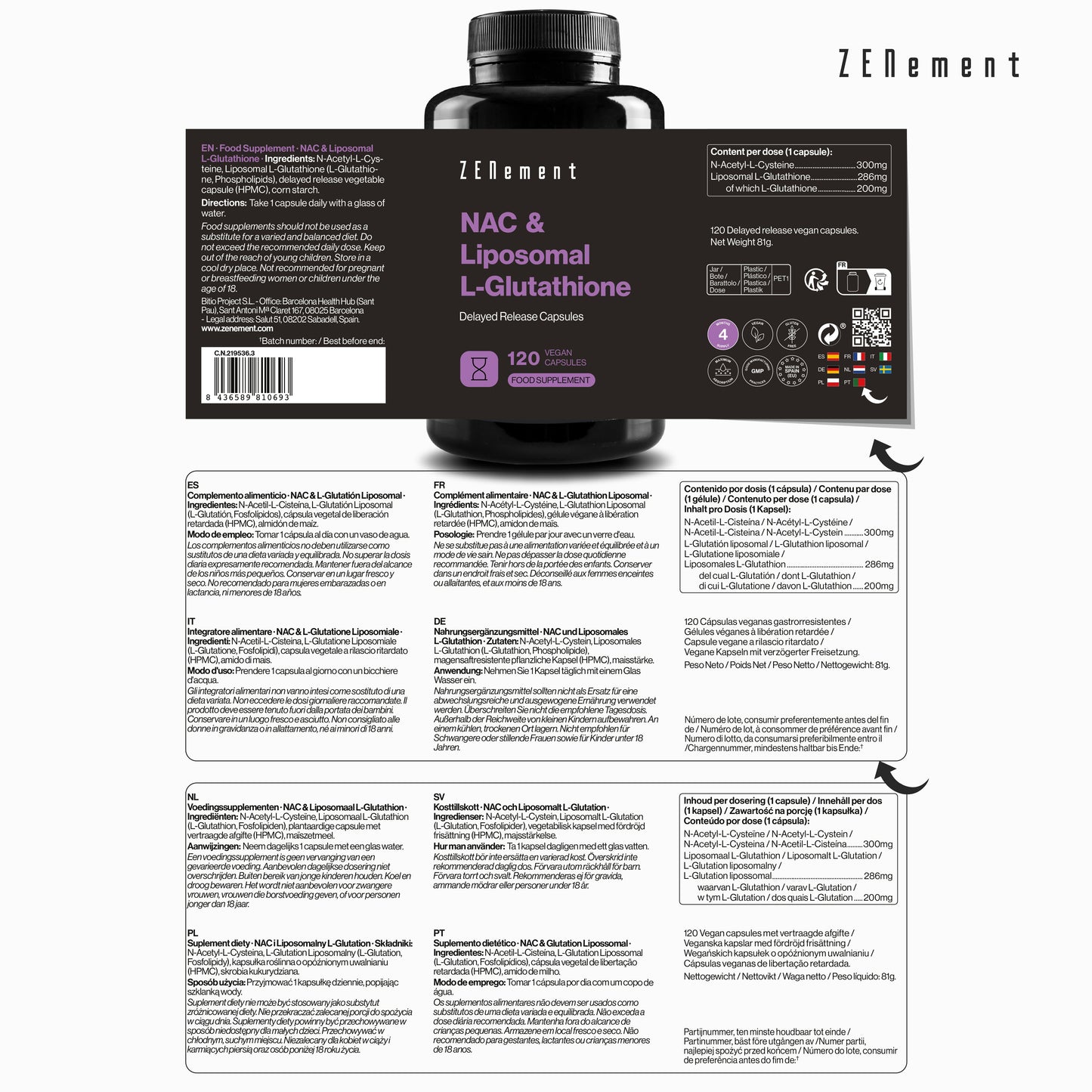 ZENement NAC & L-Glutationa Lipossomal Libertação Retardada - 120 Cápsulas Vegan