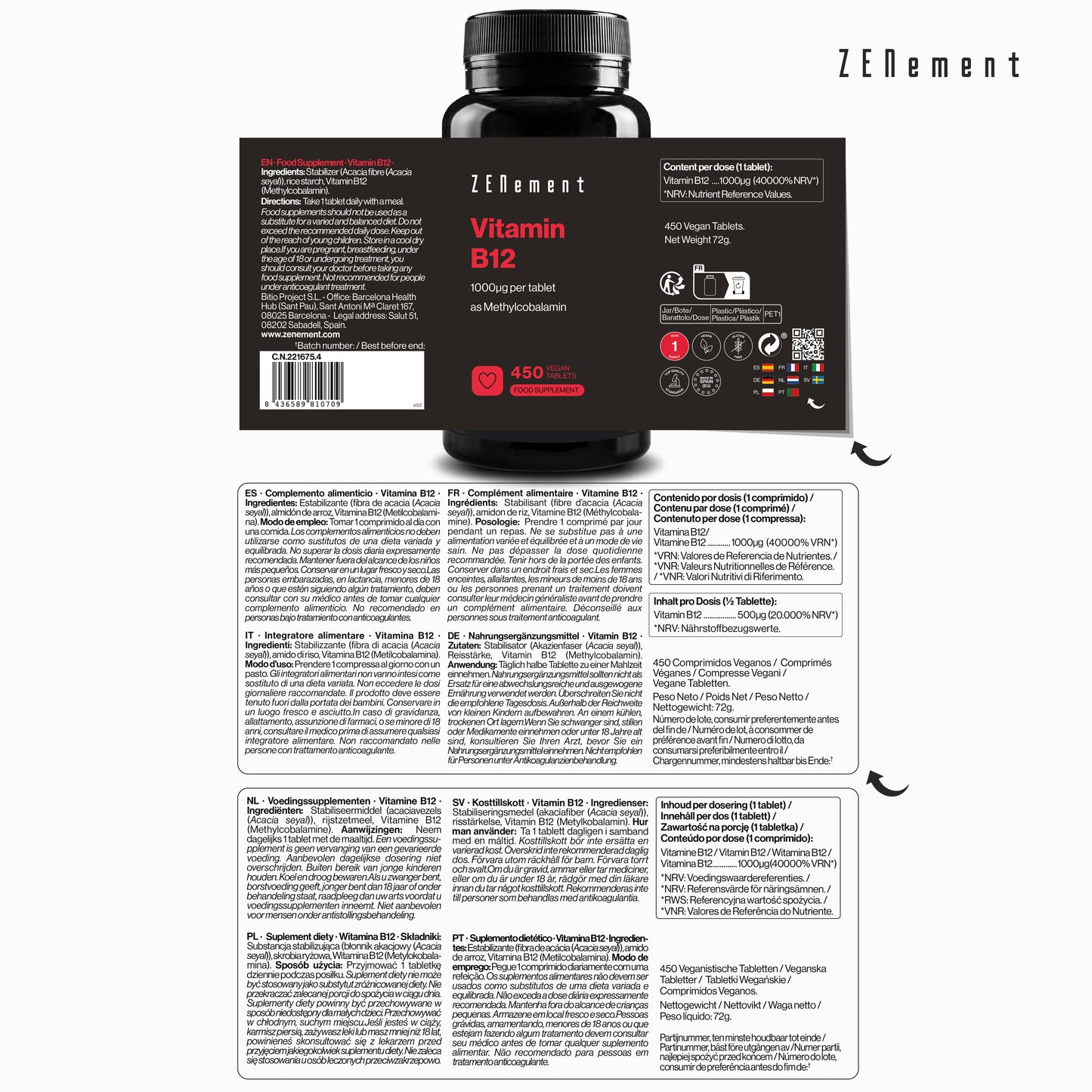ZENement Vitamina B12 1000 µg - 450 Comprimidos Vegan
