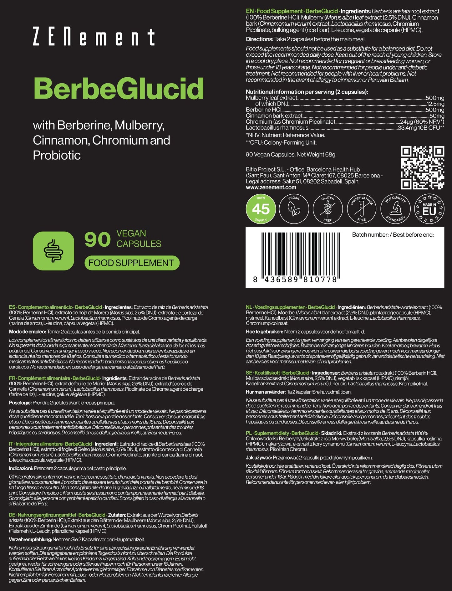 ZENement BerbeGlucid com Berberina, Amoreira, Canela, Crómio e Probiótico - 90 Cápsulas Vegan