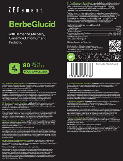 ZENement BerbeGlucid com Berberina, Amoreira, Canela, Crómio e Probiótico - 90 Cápsulas Vegan