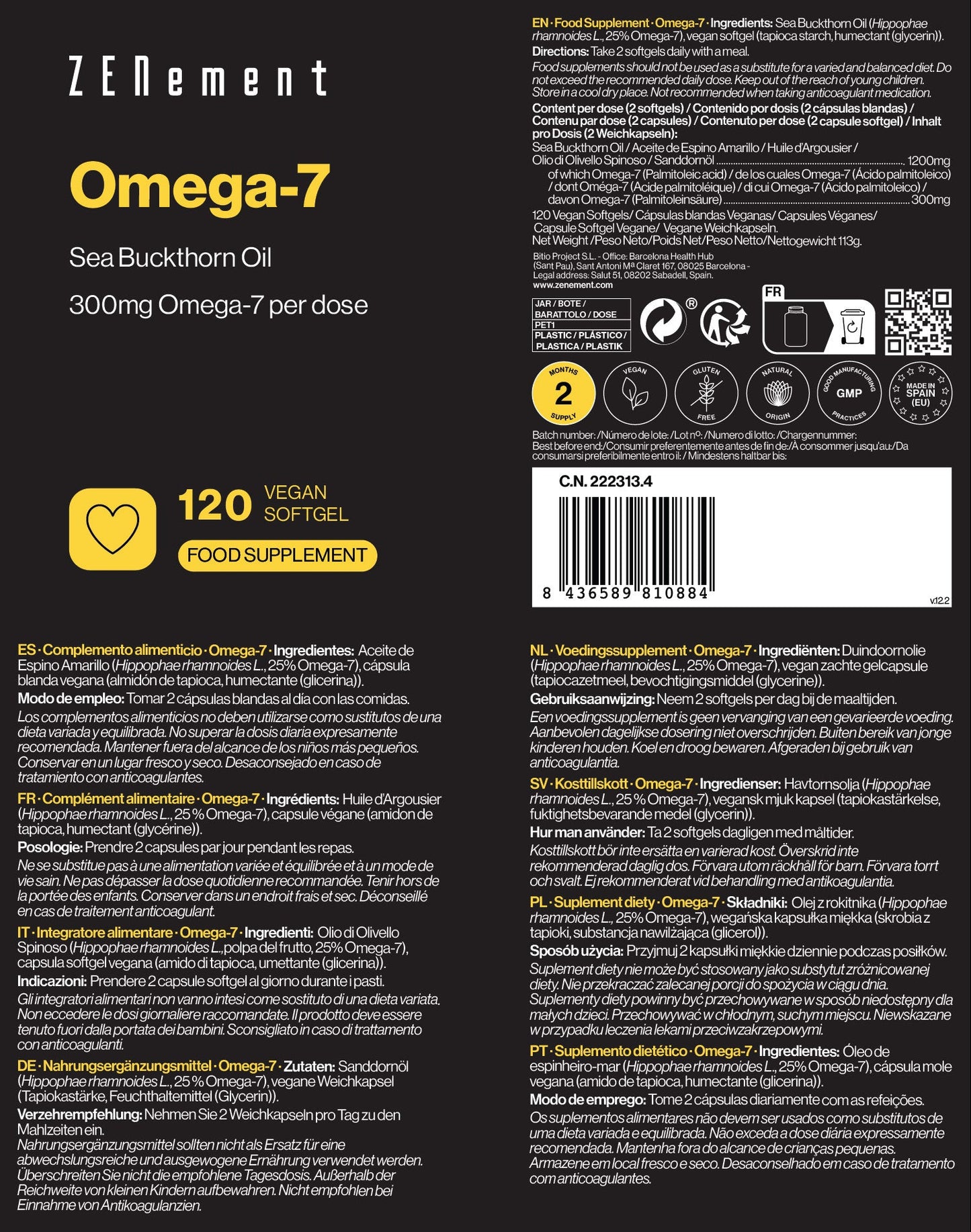 ZENement Omega-7 Óleo de Espinheiro-Marítimo - 120 Cápsulas Moles Vegan