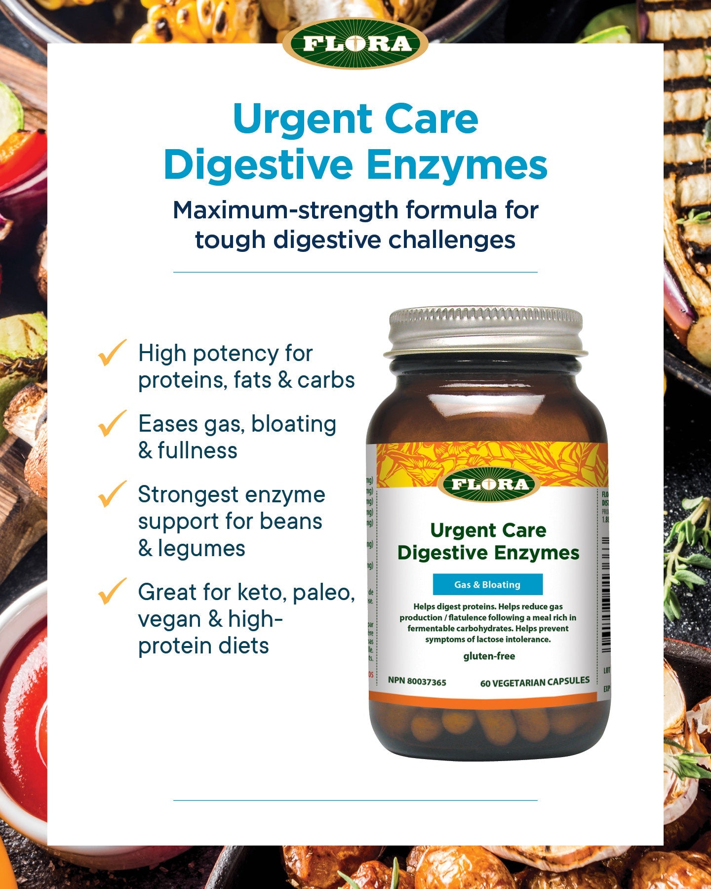 Flora Ultimate Digestive Enzymes Urgent Care - 60 Cápsulas