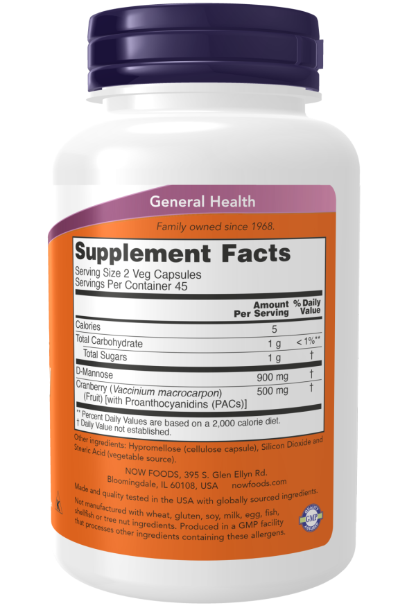 NOW Foods, Cranberry com D-Mannose, 90 Cápsulas Vegetais