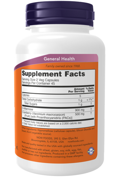 NOW Foods, Cranberry com D-Mannose, 90 Cápsulas Vegetais