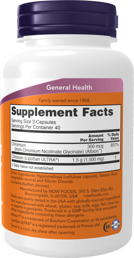 NOW Chitosan 500 mg Plus Cromo - 120 Cápsulas Vegetais